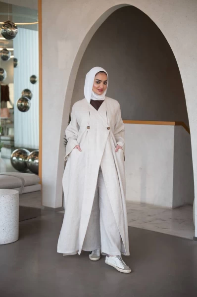 عباية بخام لينن الطبيعي باللون البيج C:J1034